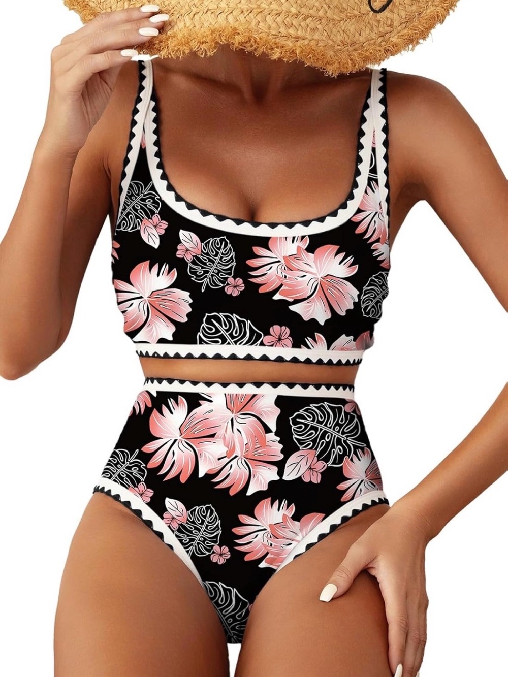 0050:Women's Bikini Sets Floral Print Whip Stitch 2 Piece Swimsuits High Waisted